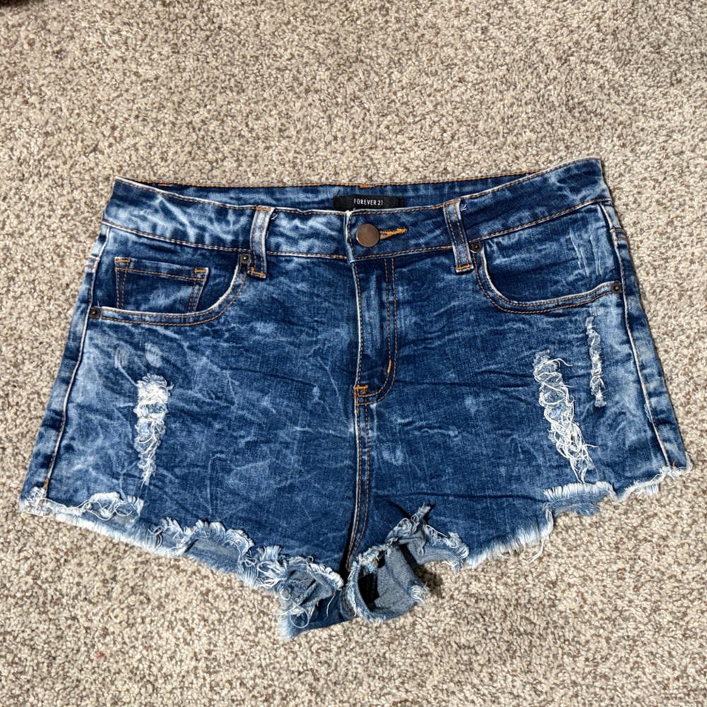 Forever 21 Dark Blue Wash Distressed Jean Shorts